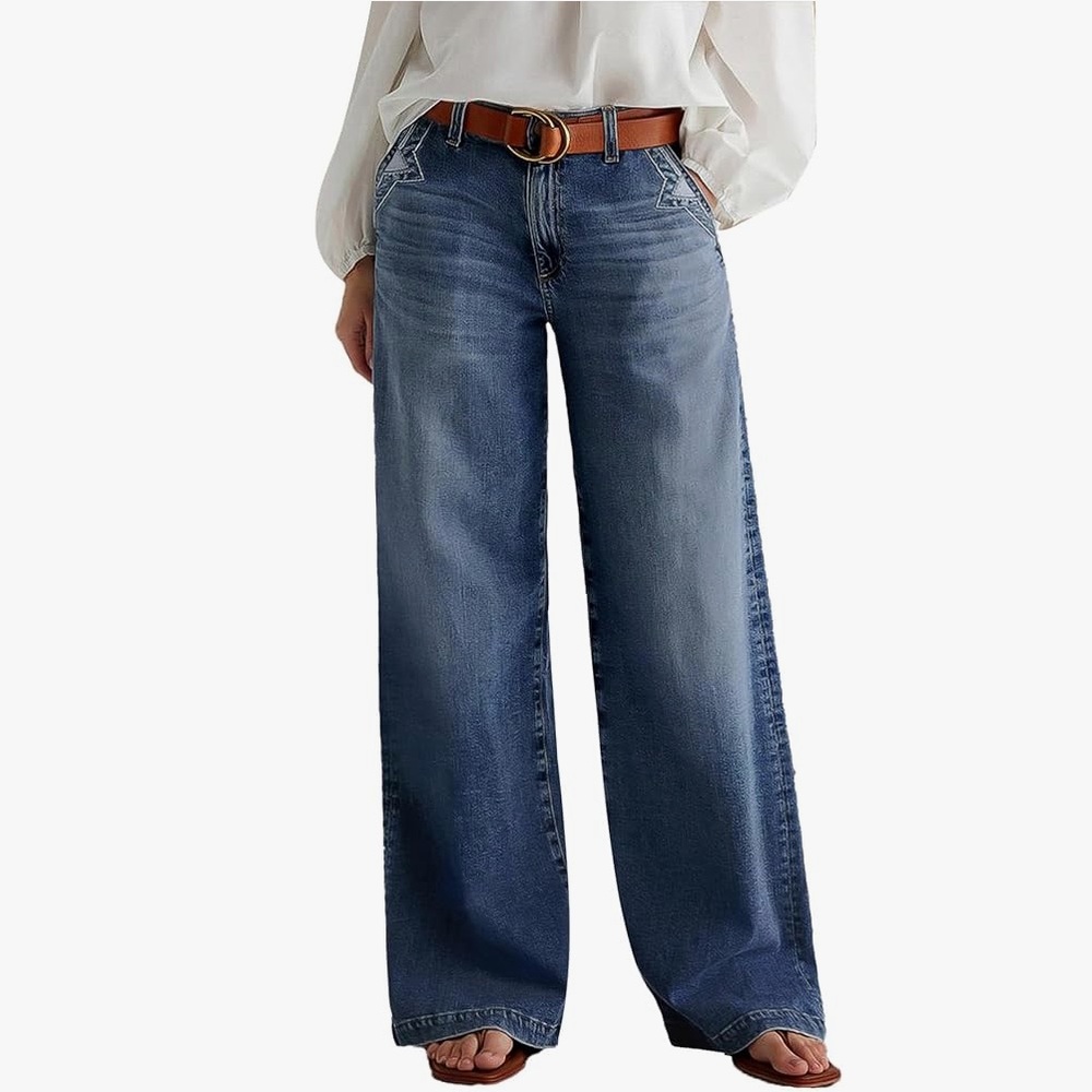 Flamingals Wide Leg Jeans Mid Waist Baggy Stitch Decor